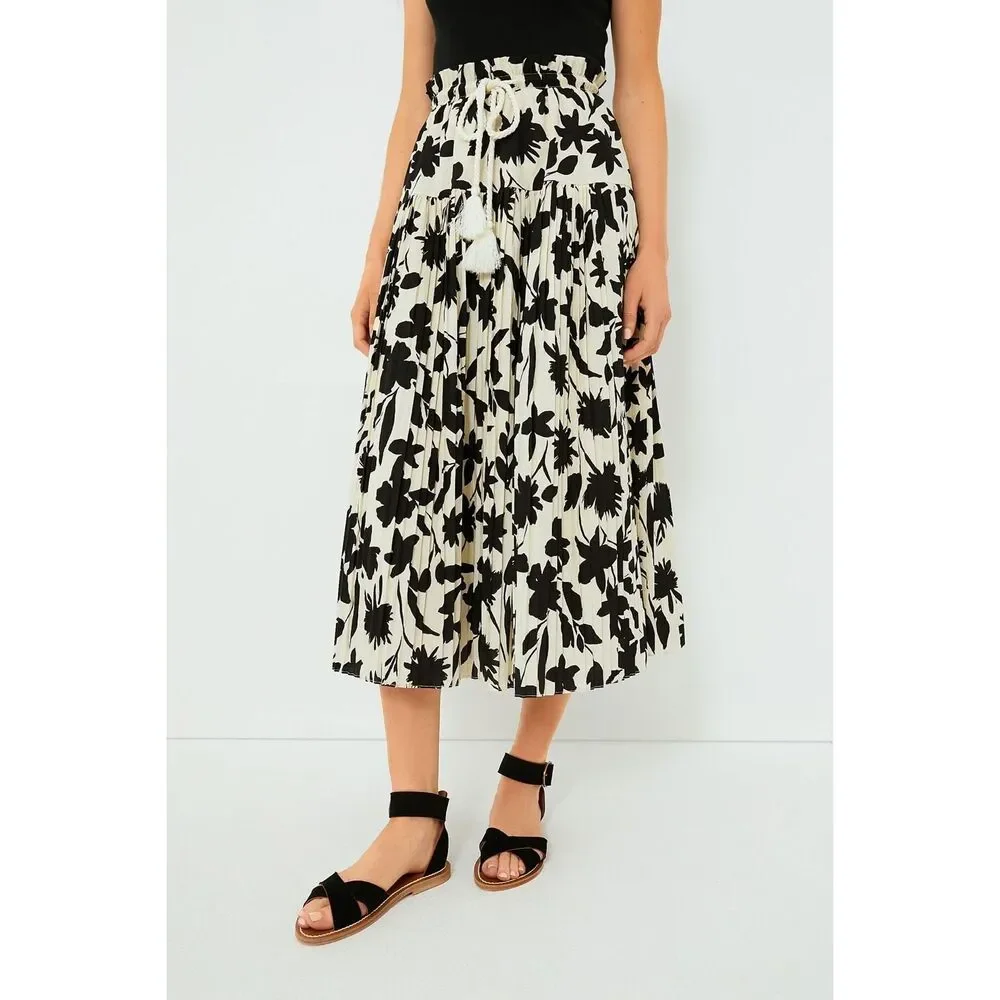 Moon River Floral Print A-line Full Midi Skirt Ivory, Black Size L